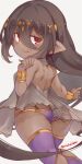  1girl :q ass back bare_shoulders black_hair bracelet brown_hair character_request commentary_request dark-skinned_female dark_skin from_behind granblue_fantasy grey_background hair_between_eyes hair_ornament harvin highres jewelry jingai_modoki long_hair looking_at_viewer panties pointy_ears purple_panties purple_thighhighs red_eyes solo thighhighs tongue tongue_out twitter_username underwear very_long_hair 