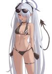  1girl absurdres belt bikini black_bikini black_choker black_gloves black_ribbon blue_archive blue_halo blush breasts choker clenched_hands commentary_request cowboy_shot dark-skinned_female dark_skin demon_tail eyewear_on_head gloves grey_hair hair_over_one_eye hair_ribbon halo highres iori_(blue_archive) iori_(swimsuit)_(blue_archive) itsufumi long_hair looking_at_viewer multi-strapped_bikini official_alternate_costume one_eye_covered open_mouth pointy_ears red_eyes ribbon side-tie_bikini_bottom simple_background small_breasts solo standing string_bikini sunglasses swimsuit tail thigh_belt thigh_strap twintails very_long_hair white_background 