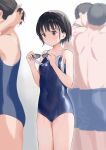  2boys 2girls black_hair blue_one-piece_swimsuit breasts brown_eyes competition_school_swimsuit covered_navel goggles goggles_removed holding holding_goggles multiple_boys multiple_girls one-piece_swimsuit original school_swimsuit sekiya_asami short_hair small_breasts solo_focus swim_cap_removed swimsuit 
