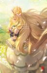  1girl bare_shoulders blonde_hair butterfly_hair_ornament celine_(fire_emblem) closed_mouth crown daniel_deng dress falling_petals fire_emblem fire_emblem_engage grass green_eyes hair_ornament highres long_dress long_hair looking_to_the_side on_grass own_hands_clasped own_hands_together petals solo very_long_hair 