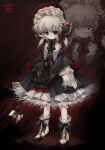  1girl absurdres axe black_dress black_flower black_rose blood blood_on_axe blood_on_weapon colored_skin dress flower full_body highres holding holding_axe maid_headdress meyou_0319 original red_flower red_rose rose solo standing weapon white_hair white_skin 