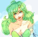  1girl aged_up blue_eyes breasts cleavage collarbone detached_sleeves earrings final_fantasy final_fantasy_iv green_hair hair_ornament jewelry long_hair looking_at_viewer open_mouth rydia_(ff4) simple_background smile solo star_(symbol) star_earrings 