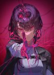  1girl black_jacket chest_harness closed_mouth collared_shirt commentary eyewear_on_head gloves harness highres honkai:_star_rail honkai_(series) jacket kafka_(honkai:_star_rail) looking_at_viewer palwoli1 pince-nez pink_background purple-tinted_eyewear purple_background purple_eyes purple_gloves purple_hair round_eyewear shirt simple_background solo spider_web_print sunglasses thread tinted_eyewear 