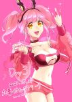  1girl animal_ears anno_(bambi1103no) artist_name bra breasts choker cleavage clenched_hand collarbone cropped_jacket dated fake_animal_ears hairband highres jacket looking_at_viewer macross macross_delta makina_nakajima medium_breasts medium_hair navel pink_background pink_bra pink_hairband pink_jacket red_choker smile solo sparkle strapless strapless_bra twintails underwear w 