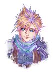  1boy armor artist_name black_gloves blonde_hair blue_eyes blue_shirt closed_mouth cloud_strife commentary crisis_core_final_fantasy_vii cropped_torso english_commentary final_fantasy final_fantasy_vii gloves green_scarf highres ilabarattolo lips looking_to_the_side male_focus scarf shinra_infantry_uniform shirt short_hair shoulder_armor smile solo spiked_hair suspenders upper_body watermark white_background 