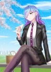  1girl absurdres artist_request breasts cerejeira_elron cherry_blossoms fate/grand_order fate_(series) food green_eyes highres jewelry large_breasts long_hair looking_to_the_side multicolored_hair necktie pantyhose purple_nails purple_necktie ring sandwich smile 