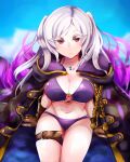  1girl bikini breasts brown_gloves cleavage coat coat_on_shoulders dqadrz64 eyelashes fire_emblem fire_emblem_awakening fire_emblem_heroes gloves grima_(fire_emblem) highres large_breasts long_hair looking_at_viewer official_alternate_costume purple_bikini red_eyes robin_(female)_(fire_emblem) robin_(female)_(summer)_(fire_emblem) robin_(fire_emblem) solo swimsuit twintails wet white_hair 