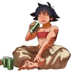  1girl =_= ahoge bare_shoulders barefoot black_hair bra breasts butterfly_sitting can choker cleavage closed_eyes clothes_around_waist collarbone commentary dougi drooling english_commentary full_body hand_on_own_leg highres holding holding_can hot hottochippu knees_apart_feet_together makoto_(street_fighter) mouth_drool muscular muscular_female off_shoulder open_clothes red_bra ribbon_choker short_hair simple_background sitting small_breasts solo strapless strapless_bra street_fighter street_fighter_iii_(series) sweat tan underwear white_background 