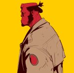  1boy balding beard black_hair broken_horn brown_coat bruka_jones closed_mouth coat colored_skin demon_boy facial_hair from_side hellboy hellboy_(comic) highres horns male_focus mature_male no_pupils orange_eyes pointy_ears profile red_skin short_ponytail solo 