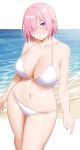  1girl absurdres arind_yudha bikini blush bob_cut breasts cleavage closed_mouth collarbone fate/grand_order fate_(series) hair_over_one_eye highres large_breasts looking_at_viewer mash_kyrielight navel pink_hair purple_eyes smile solo stomach swimsuit thighs white_bikini 