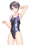  1girl absurdres argyle black_hair black_one-piece_swimsuit breasts clothes_writing collarbone commentary_request covered_navel green_eyes highres medium_breasts mole mole_under_eye one-piece_swimsuit original short_hair simple_background solo standing swimsuit takafumi white_background 