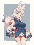 1girl animal_ear_fluff animal_ears breasts clothing_cutout fang fox_ears fox_tail fukunomiya_koko green_eyes kuromiya large_breasts looking_at_viewer multiple_tails open_mouth original short_hair shoulder_cutout solo tail thighhighs two-tone_background white_hair white_thighhighs 