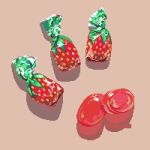  artist_name brown_background candy commentary food food_focus food_print highres no_humans original pixel_art pixel_jess shadow simple_background strawberry_bon_bon strawberry_print 