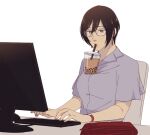  1girl animal_ears bespectacled black_eyes black_hair breasts bubble_tea chair commentary drinking english_commentary folded glasses hair_between_eyes hanpetos keyboard_(computer) medium_breasts mikasa_ackerman monitor red_scarf scar scar_on_cheek scar_on_face scarf shingeki_no_kyojin short_hair sitting solo upper_body watch wristwatch 