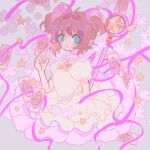  1girl blue_eyes blush_stickers card cardcaptor_sakura child clow_card dress flower kinomoto_sakura magical_girl open_mouth pink_flower reed short_hair solo star_(symbol) wand white_dress wings 