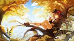  1girl absurdres autumn_leaves black_headwear black_shorts blush boo_tao_(genshin_impact) branch bright_pupils brown_coat brown_footwear brown_hair bug butterfly cloud coat coattails commentary flower flower_request genshin_impact ghost grin hat hat_flower hat_tassel highres holding holding_flower hu_tao_(genshin_impact) in_tree kneehighs long_hair long_sleeves looking_at_viewer lpleader orange_eyes outdoors shorts sitting sitting_in_tree smile socks solo tree twintails white_pupils white_socks wide_shot 