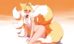  1girl absurdres aged_up animal_ears arknights arm_support ass bare_shoulders blonde_hair blue_hairband blush bottomless bra breasts collar fox_ears fox_girl fox_tail gradient_background green_eyes hairband heavy_breathing highres multicolored_hair multiple_tails naihe nose_blush orange_background oripathy_lesion_(arknights) parted_lips short_hair small_breasts solo suzuran_(arknights) tail two-tone_hair underwear underwear_only white_background white_bra white_hair 