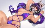  1girl arm_up armpits black_hair black_pants breasts cleavage collarbone goddess_of_victory:_nikke hair_between_eyes headgear high_ponytail highres large_breasts long_hair looking_at_viewer lying magion02 mask mouth_mask navel on_back pants purple_eyes sin_(nikke) solo stomach swimsuit thighs very_long_hair 