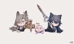  3girls animal_ears arknights ascot black_hair black_jacket black_vest blue_eyes blue_jacket blue_necktie blue_poison_(arknights) blush book chibi collared_shirt commentary cropped_torso dailybloopy dress_shirt english_commentary grey_background grey_hair hair_between_eyes holding holding_sword holding_weapon hood hooded_jacket jacket jacket_on_shoulders long_hair looking_at_viewer low_twintails multiple_girls necktie official_alternate_costume open_book open_mouth penance_(arknights) pink_hair shirt simple_background sparkle sword texas_(arknights) texas_the_omertosa_(arknights) twintails two-tone_eyes upper_body vest weapon white_ascot white_shirt wolf_ears wolf_girl yellow_eyes 