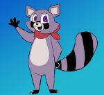  ambiguous_gender anthro bandana_on_neck bandanna big_tail black_body black_feet black_fur black_hands digital_media_(artwork) fingers fur hi_res indigo_park kerchief mammal maxcatuwu multicolored_body open_mouth procyonid purple_body purple_eyes purple_fur raccoon rambley_(indigo_park) simple_background smile solo standing tail tongue 