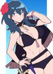  1girl bare_arms bare_shoulders belt bikini black_belt black_bikini black_cape blue_eyes blue_hair breasts byleth_(female)_(fire_emblem) byleth_(fire_emblem) cape cleavage commentary_request cowboy_shot do_m_kaeru fire_emblem fire_emblem:_three_houses fire_emblem_heroes flower hair_flower hair_ornament large_breasts long_hair navel red_flower solo standing stomach swimsuit 