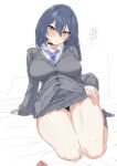  black_panties blue_hair blush breasts character_request closed_mouth copyright_request furrowed_brow hands_on_own_thighs highres large_breasts legs_together long_hair long_sleeves miniskirt necktie panties school_uniform skirt suisogenshi sweater thick_thighs thighs translation_request underwear yellow_eyes 