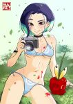  1girl apple armlet artist_name ass_visible_through_thighs bare_arms bare_legs bare_shoulders bikini black_choker blue_bikini blue_hair blush bob_cut breasts brown_eyes camera choker cleavage collarbone dipplin food fruit gurinsensei holding holding_camera loose_hair_strand medium_breasts navel perrin_(pokemon) pokemon pokemon_(creature) pokemon_(game) pokemon_sv raised_eyebrow swimsuit wyrm 