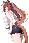  1girl animal_ears blush brown_hair commentary cowboy_shot daiwa_scarlet_(umamusume) hair_intakes highres horse_ears horse_girl horse_tail kokora_(kokorahen) looking_back open_mouth red_eyes short_shorts shorts solo tail tiara twintails umamusume vest white_background white_vest 