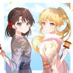  2girls bang_dream! blonde_hair bow braid brown_hair dango flower food grey_eyes grey_kimono hair_bow hair_flower hair_ornament holding holding_food japanese_clothes kimono long_hair looking_at_viewer medium_hair multiple_girls okusawa_misaki ponytail red_bow side_braid tokkyu tsurumaki_kokoro wagashi white_kimono yellow_eyes 