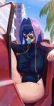  1girl absurdres blue_eyes blue_hair blue_nails blue_wetsuit bodysuit breasts building car cityscape commentary day diving_suit english_commentary erasorpepero food food_in_mouth glasses highres hololive hololive_english knee_up looking_at_viewer motor_vehicle ouro_kronii outdoors palm_tree popsicle popsicle_in_mouth sitting sky solo thighhighs tree virtual_youtuber wetsuit 