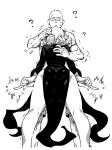  1boy 1girl ? ass bald bangs black_dress curly_hair dress ireading legs monochrome one-punch_man saitama_(one-punch_man) side_slit simple_background sweat tatsumaki trembling white_background 