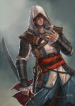  1boy antique_firearm artist_name assassin&#039;s_creed_(series) assassin&#039;s_creed_iv:_black_flag belt blonde_hair cutlass edward_kenway firelock flintlock gun hidden_blade_(assassin&#039;s_creed) holding holding_sword holding_weapon hood looking_at_viewer medium_hair reverse_grip simple_background skull_brooch solo sword vambraces virus-ac74 watermark weapon web_address 