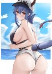  1girl absurdres arknights bare_arms baseball_cap bikini black_bikini blue_hair breasts ch&#039;en_(arknights) closed_mouth cloud cloudy_sky cowboy_shot day dragon_girl dragon_horns dragon_tail english_commentary expressionless female_tourist_c_(arknights) grey_shorts hair_between_eyes hat highleg highleg_bikini highres horns horns_through_headwear large_breasts looking_at_viewer looking_to_the_side nami_(namikare4) ocean outdoors red_eyes short_shorts shorts sky solo standing sweat swimsuit tail white_headwear 