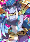  1girl armor armpits ayumi_t blue_eyes blue_feathers blue_skin blush breasts colored_skin commentary_request duel_monster feathers harpy hat large_breasts long_hair lyrilusc_-_ensemblue_robin monster_girl open_mouth pelvic_curtain purple_hair purple_skin shoulder_armor solo very_long_hair winged_arms wings yu-gi-oh! 