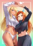  2girls abs arms_up black_pants black_sweater blonde_hair blue_eyes blush breasts closed_mouth cropped_sweater dark-skinned_female dark_skin ge_xi grin highres large_breasts leg_tattoo lips long_hair looking_at_viewer multiple_girls muscular muscular_female navel one_eye_closed orange_hair original panties pants parted_lips ribbed_sweater smile sweater tattoo teeth turtleneck turtleneck_sweater underwear white_panties white_sweater yellow_eyes 