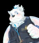  anthro belly blue_eyes blush bracelet canid canine canis clothing domestic_dog eyebrows fur hi_res jewelry lifewonders live_a_hero male mammal necklace overweight solo tengzai05 thick_eyebrows topknot topwear vest white_body white_fur yohack 