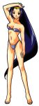  1990s_(style) 1girl arm_up asahina_natsuki barefoot bikini blue_hair forehead full_body grey_bikini hairband highres long_hair mole mole_under_mouth navel non-web_source official_art red_eyes retro_artstyle shiny_skin simple_background smile solo standing strapless strapless_bikini super_real_mahjong swimsuit tanaka_ryou very_long_hair white_background 