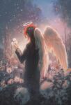  1boy angel_devil_(chainsaw_man) black_jacket chainsaw_man dandelion feathered_wings flower halo highres holding jacket long_hair long_sleeves red_hair solo standing tree wings zieru 