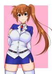  1girl arm_behind_back belt blue_skirt blush border breast_pocket breasts brown_hair closed_mouth collared_shirt commentary_request cowboy_shot hair_between_eyes hair_tie hand_on_own_chest heart highres jacket kunisaki-air large_breasts long_hair long_sleeves looking_at_viewer lyrical_nanoha mahou_shoujo_lyrical_nanoha mahou_shoujo_lyrical_nanoha_strikers military_uniform miniskirt outside_border pencil_skirt pink_background pocket purple_eyes raising_heart_(standby_mode) shirt side_ponytail simple_background skindentation skirt smile solo spoken_heart standing takamachi_nanoha thighhighs thighs uniform white_border white_shirt white_thighhighs zettai_ryouiki 