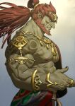  bara bare_pectorals beard colored_skin facial_hair ganondorf green_skin highres jewelry large_pectorals long_sideburns mature_male mustache nesskain pectoral_cleavage pectorals red_hair sideburns topless_male 