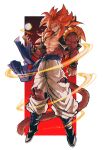  1boy absurdres biceps black_wristband blue_eyes blue_sash body_fur closed_mouth dragon_ball dragon_ball_gt gogeta highres looking_at_viewer male_focus metamoran_vest monkey_boy monkey_tail muscular muscular_male no_nipples pants pectorals red_hair relio_db318 sash simple_background solo spiked_hair super_saiyan super_saiyan_4 tail veins veiny_hands white_pants 