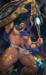  1boy abs armpits bara beard benoit biceps cape ear_piercing earrings facial_hair feet_out_of_frame fighting_stance fire forest fundoshi hairy highres japanese_clothes jewelry large_pectorals league_of_legends looking_up male_focus manly mature_male mohawk muscular muscular_male nature night night_sky nipples outdoors pantheon_(league_of_legends) pectorals piercing polearm scar shield sky solo spear thick_arms thick_thighs thighs weapon 