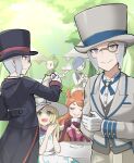  2girls 4boys black_headwear blonde_hair blue_hair bow bowtie brothers cilan_(pokemon) cress_(pokemon) cup emmet_(pokemon) emmet_(special_costume)_(pokemon) gloves green_eyes green_hair grey_eyes grey_hair holding holding_cup holding_tray ingo_(pokemon) ingo_(special_costume)_(pokemon) lillie_(pokemon) lillie_(special_costume)_(pokemon) looking_at_viewer mizuiro123 multiple_boys multiple_girls official_alternate_costume orange_hair own_hands_together plate pokemon pokemon_(game) pokemon_bw pokemon_masters_ex siblings smile sonia_(pokemon) sonia_(special_costume)_(pokemon) table tray tree white_gloves white_headwear 