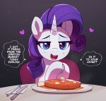  &lt;3 blue_eyes cutlery dialogue english_text equid equine eyebrows eyelashes eyeshadow female feral food fork friendship_is_magic hair hasbro hooves horn kitchen_utensils knife long_hair looking_at_viewer makeup mammal my_little_pony offscreen_character open_mouth pabbley purple_hair rarity_(mlp) solo teeth text tools unicorn white_body 