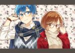  1boy 1girl adjusting_eyewear bespectacled blue_eyes blue_hair blue_nails brown_eyes brown_hair buttons closed_mouth collared_shirt commentary fingernails floral_background glasses highres kaito_(vocaloid) lapels long_sleeves meiko_(vocaloid) notched_lapels scarf shirt short_hair sideways_glance sleeves_past_elbows smile sweater sweater_vest turtleneck turtleneck_sweater upper_body vocaloid watch wristwatch yichiko11 