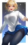  1girl absurdres antenna_hair arcueid_brunestud bangs blonde_hair blue_skirt blush border breasts hair_between_eyes highres large_breasts long_sleeves looking_at_viewer miniskirt night night_sky open_mouth red_eyes sato_one1 short_hair single_hair_intake skirt sky solo star_(sky) starry_sky sunlight sweater thick_thighs thighs tsukihime tsukihime_(remake) type-moon white_border 