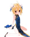  1girl :o ahoge alternate_costume arm_support bare_shoulders black_eyes blonde_hair blue_dress blush breasts bun_cover china_dress chinese_clothes commentary_request double_bun dress flats hair_bun highres kokaki_mumose looking_at_viewer mandarin_collar multicolored_eyes no_panties null-meta open_mouth pelvic_curtain red_eyes short_hair simple_background sitting sleeveless sleeveless_dress small_breasts solo uozumi_kurumi wariza white_background 