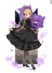  1girl absurdres black_bow black_dress blonde_hair bow character_hat dress fairy gengar hair_bow hair_ornament hakamii hat highres long_hair nijisanji nijisanji_en pointy_ears pokemon pomu_rainpuff red_eyes smile solo stuffed_toy virtual_youtuber 