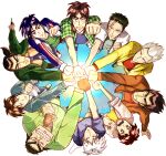  6+boys akagi:_yami_ni_oritatta_tensai akagi_shigeru atsuize_pen-chan black_hair black_shirt blue_shirt brown_gloves brown_hair brown_jacket buraiden_gai circle_formation clenched_teeth closed_mouth collared_shirt commentary_request from_above frown fukumoto_nobuyuki_(style) full_body gin_to_kin gloves green_jacket green_shirt grey_hair grin hair_slicked_back hirai_ginji holding holding_pen igawa_hiroyuki itou_kaiji jacket kaiji kudou_gai kurosawa_(saikyou_densetsu_kurosawa) letterman_jacket long_hair looking_at_viewer low_ponytail mahjong male_focus medium_bangs morita_tetsuo multiple_boys necktie official_style open_clothes open_jacket open_mouth parody pen plaid plaid_shirt purple_necktie raised_fist red_shirt saikyou_densetsu_kurosawa scar scar_across_eye scar_on_cheek scar_on_face shirt short_bangs short_hair short_sleeves simple_background smile striped striped_jacket style_parody suit t_k_g tearing_up teeth ten_takashi tenbou tobaku_haouden_zero ukai_zero undershirt v-shaped_eyebrows watanabe_yuuichi white_background white_hair white_shirt wrinkled_skin yellow_jacket 