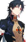  1boy bandaged_arm bandages black_hair black_jacket blade_(honkai:_star_rail) blood chinese_clothes earrings highres honkai:_star_rail honkai_(series) jacket jewelry looking_at_viewer male_focus multicolored_hair red_eyes red_hair shirt solo tassel tassel_earrings unhappy yellow_shirt zangyaacco 